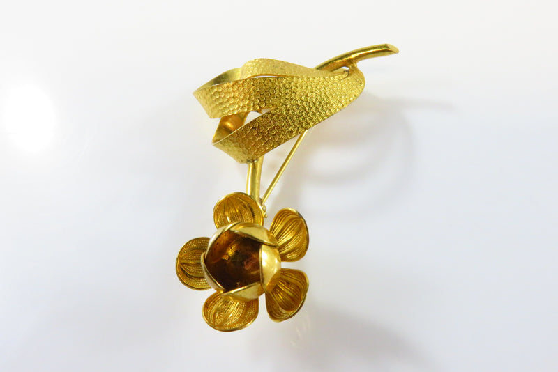 Gold Gilded Vintage Flowing Ribbon Flower Brooch 2 1/2" x 1 3/8"