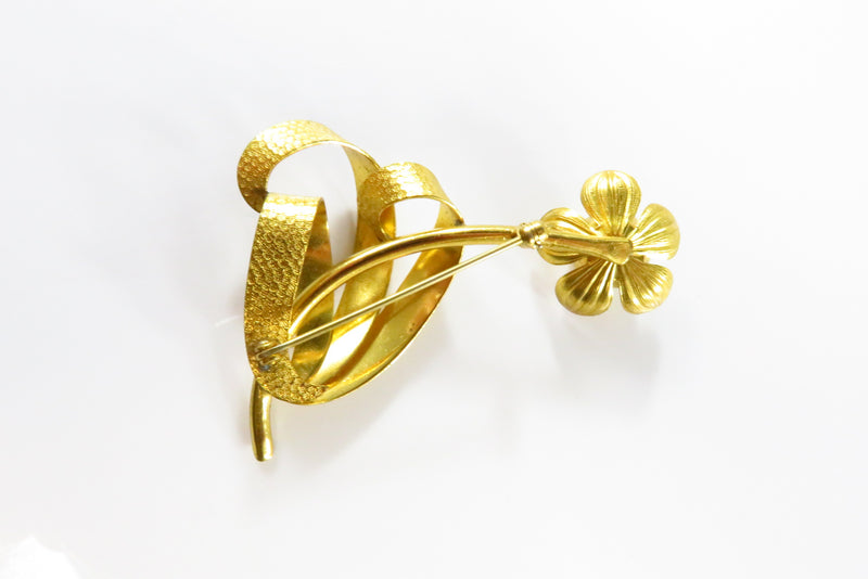 Gold Gilded Vintage Flowing Ribbon Flower Brooch 2 1/2" x 1 3/8"