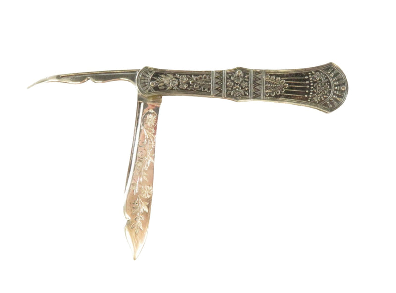 Antique Victorian Silvered Fruit Knife Fancy Grips 3 1/4" Closed — Silver — front view
