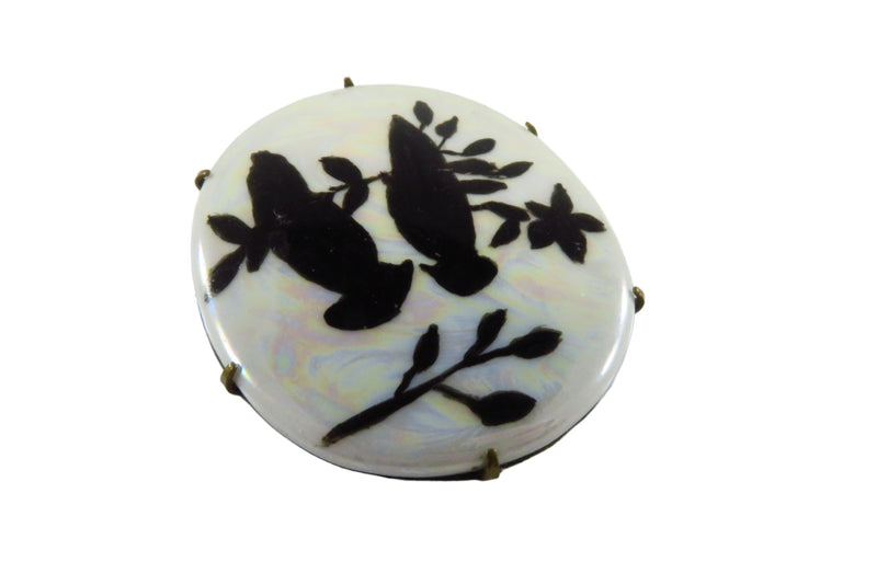 Victorian Double Bird Silhouette Brooch Hand Painted Large Luster Porcelain