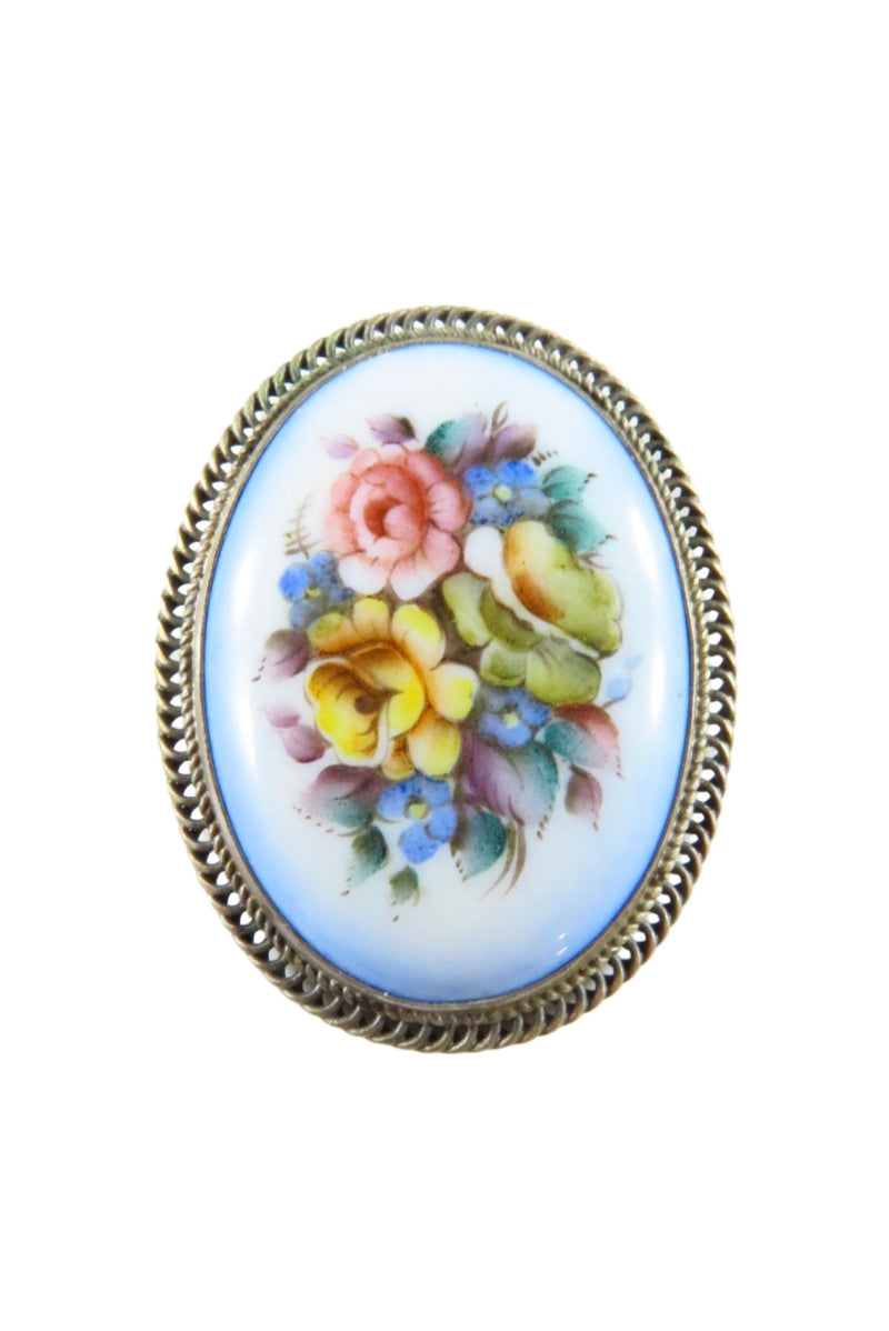 Vintage White Metal Wrapped Painted Flower Brooch on Ceramic Material 1 1/2" — Jewelry & Watches:Vintage & Antique Jewelry:Fi