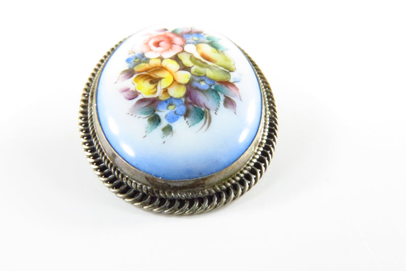 Vintage White Metal Wrapped Painted Flower Brooch on Ceramic Material 1 1/2"