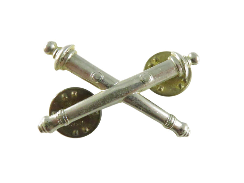 Post WWII US Army Artillery Crossed Cannons Collar Insignia Silver Tone Clutchback Hat Lapel Badge S-21