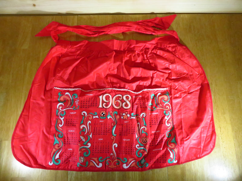 Vintage Red 1968 Calendar Half Apron with 2 Pockets Retro Kitchen Wear