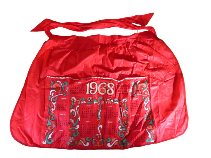 Vintage Red 1968 Calendar Half Apron with 2 Pockets Retro Kitchen Wear