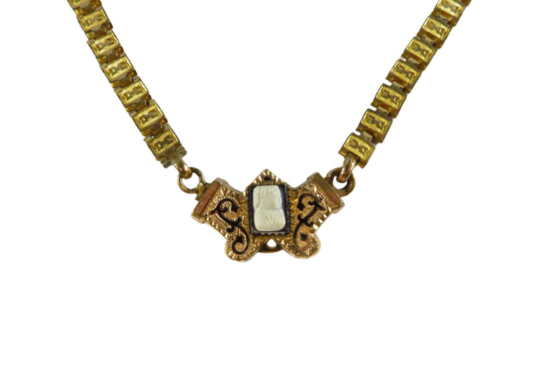 Carved Cameo Black Enamel Victorian Book Chain Necklace 18 1/2" TL — Necklaces • Gold, Yellow Gold — front view