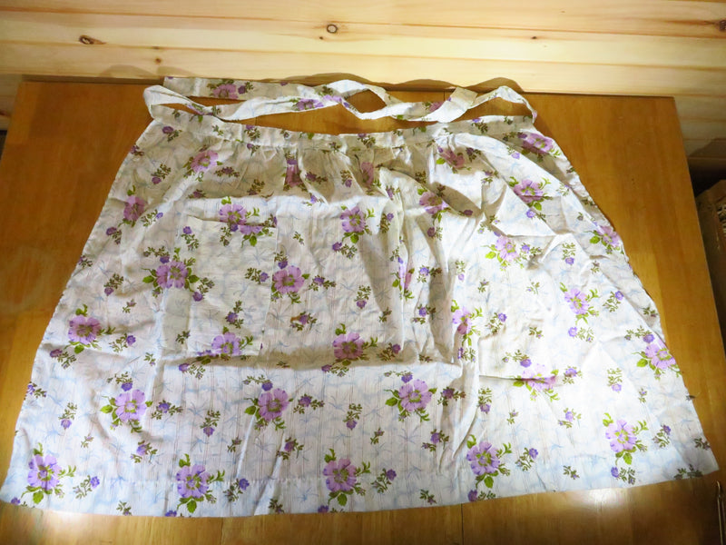 Vintage Purple Flower Accented 1960's Style Half Apron with Pocket Kitchen Wear