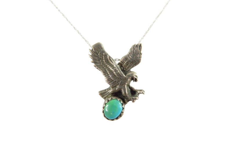 Richard Begay Sterling Eagle Turquoise Pendant on 10K White Gold 19 3/4" Chain