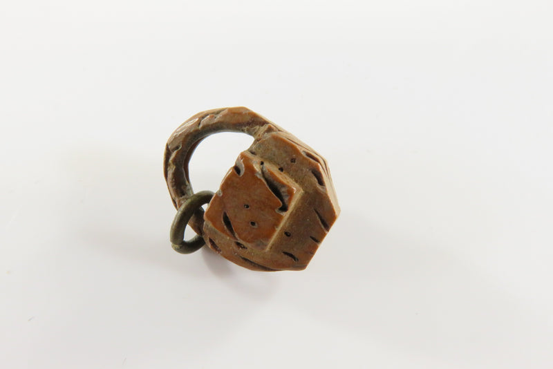 Miniature Hand Carved Peach Pit Basket Charm Pendant Fob