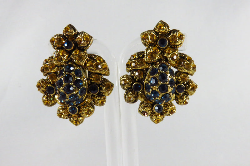 Designer Style Large Gilded metal Blue Yellow Clip On Earrings