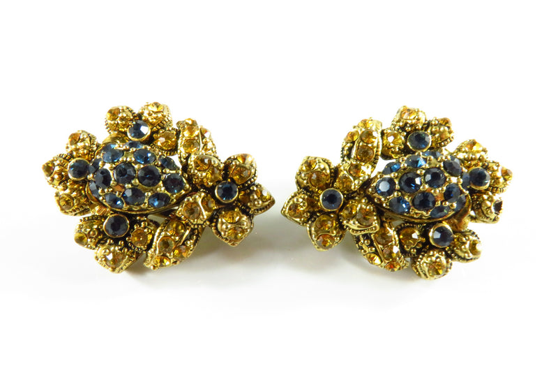 Designer Style Large Gilded metal Blue Yellow Clip On Earrings