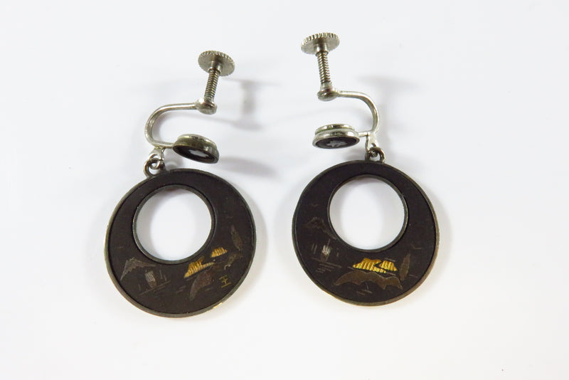 Vintage Japanese Damascene Screw Back Dangle Earrings