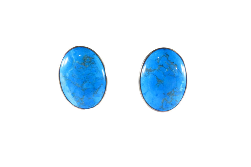 Large Oval Blue Stone White Metal Wrapped Pierced Earrings — Earrings — front view