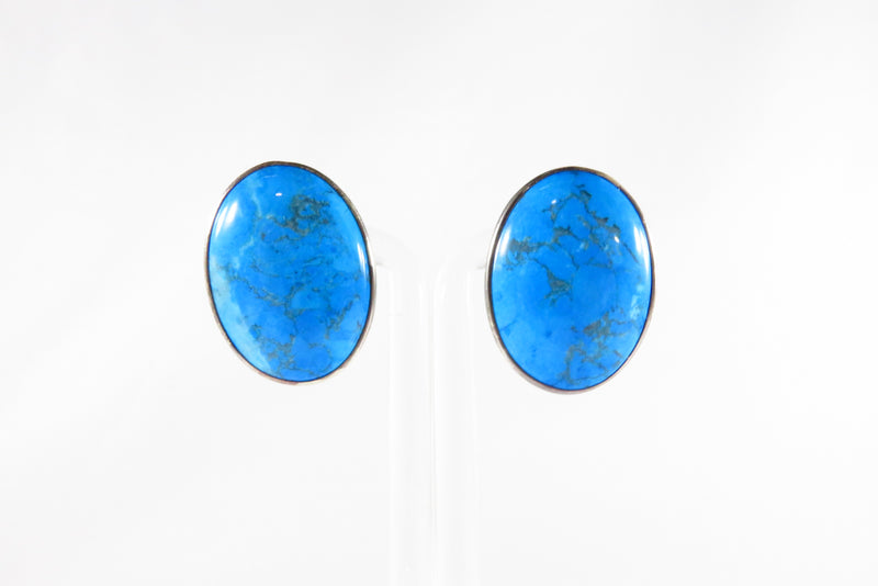 Large Oval Blue Stone White Metal Wrapped Pierced Earrings