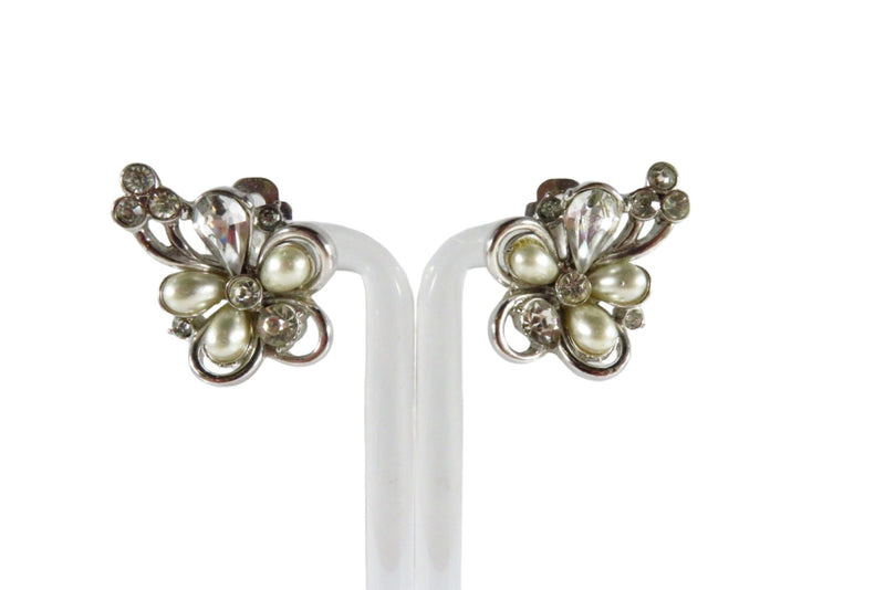 c1953 Hollycraft Clip On Flower Earrings Rhinestones Faux Pearl Earrings — Earrings • Pearl — front view