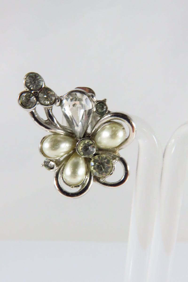 c1953 Hollycraft Clip On Flower Earrings Rhinestones Faux Pearl Earrings