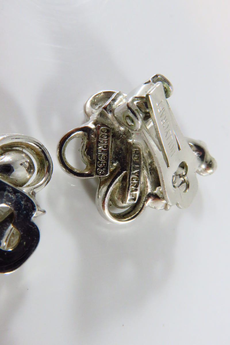 c1953 Hollycraft Clip On Flower Earrings Rhinestones Faux Pearl Earrings