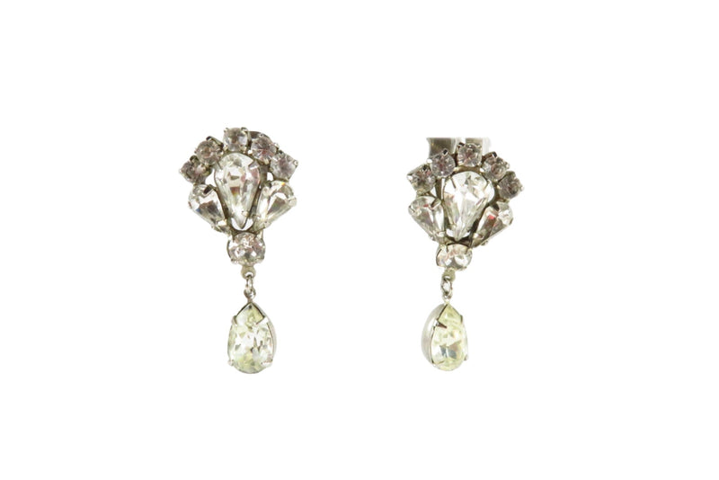 Weiss Clip On Rhinestone White Metal 1 3/4" Dangle Earrings — Earrings — front view