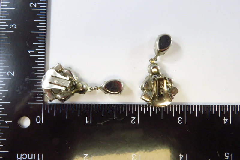 Weiss Clip On Rhinestone White Metal 1 3/4" Dangle Earrings