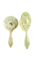 Antique 4" Children or Dollhouse Vanity Mirror and Brush Set Repoussé White Metal — Silver — front view