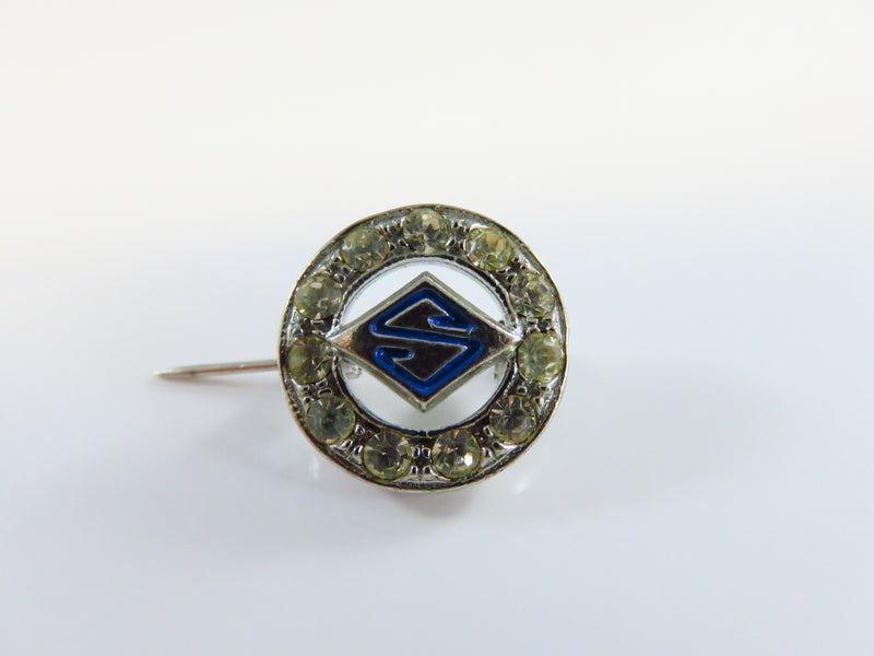 Vintage Blue Letter S With Rhinestone Surround in White Metal Vanity Pin