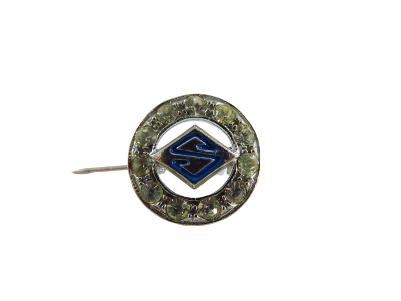 Vintage Blue Letter S With Rhinestone Surround in White Metal Vanity Pin