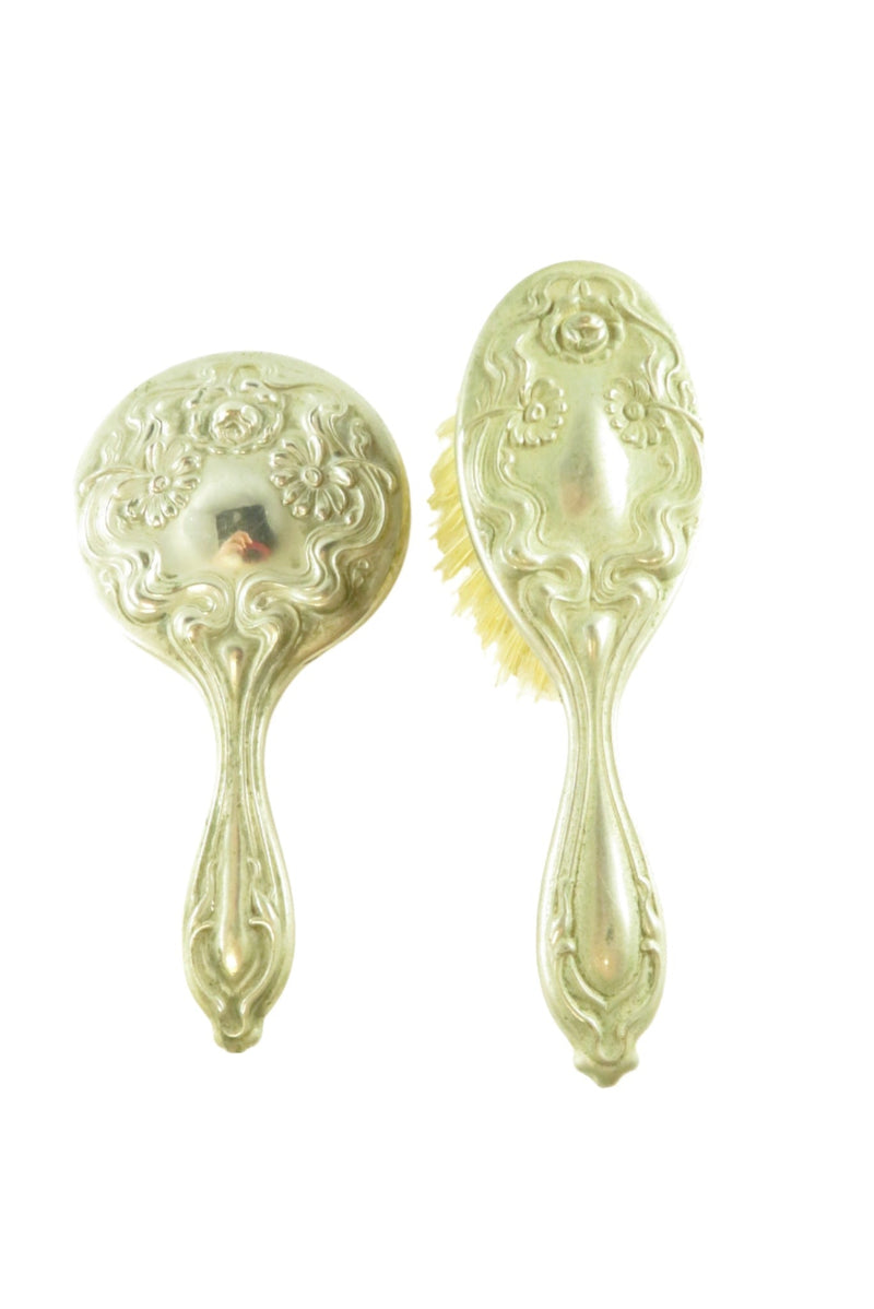 Antique 4" Children or Dollhouse Vanity Mirror and Brush Set Repoussé White Metal — Silver — front view