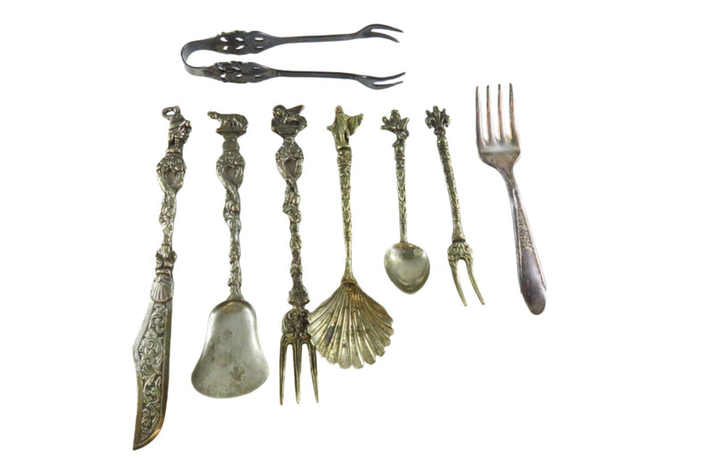 Assortment of Italian Silvered Metal Flatware c1950 Plus Sugar Tongs — Home & Garden:Kitchen, Dining & Bar:Flatware, Knives &