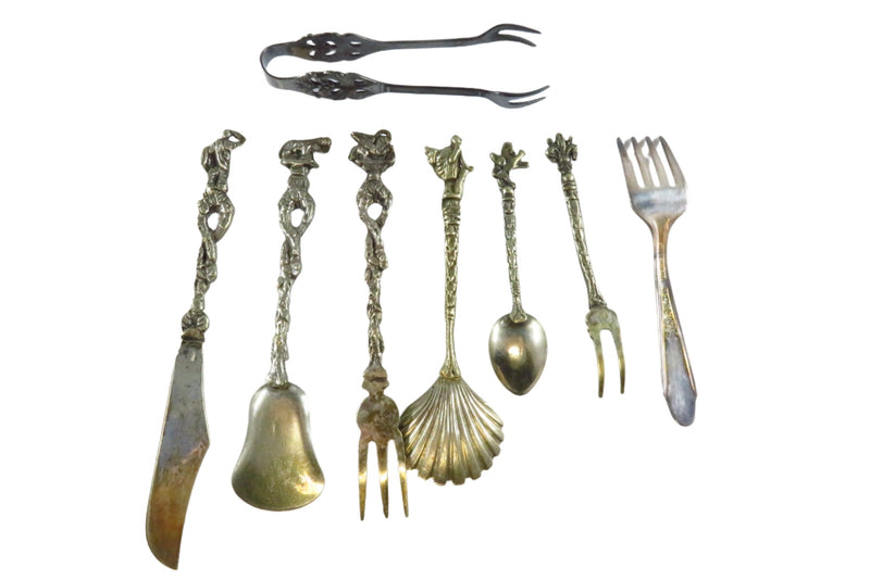 Assortment of Italian Silvered Metal Flatware c1950 Plus Sugar Tongs