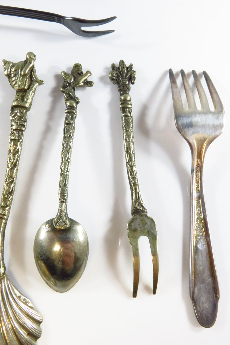 Assortment of Italian Silvered Metal Flatware c1950 Plus Sugar Tongs