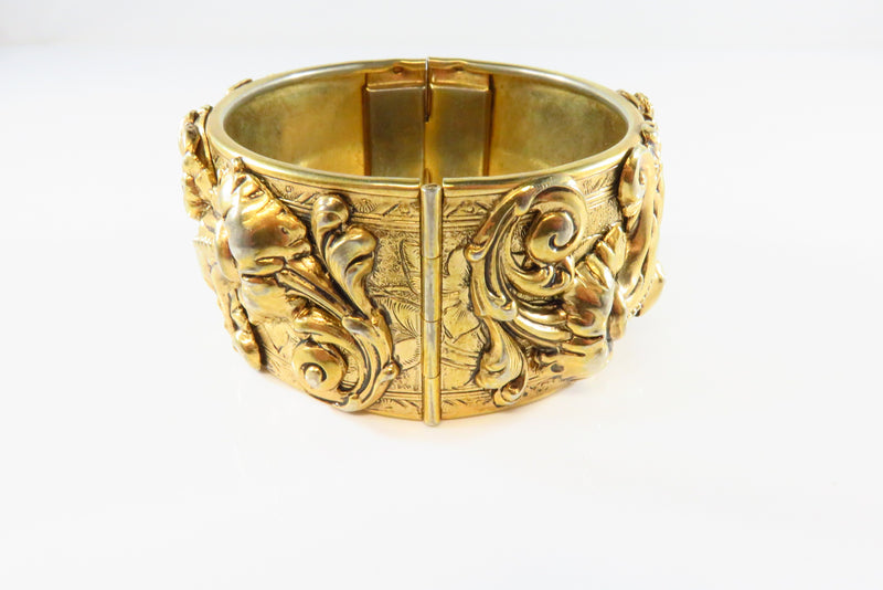Vintage Bangle Cuff Bracelet Repousse Georgian Design Gilt Brass 1 5/16 Wide