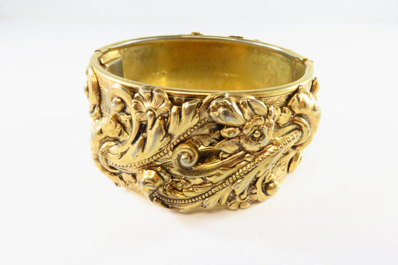 Vintage Bangle Cuff Bracelet Repousse Georgian Design Gilt Brass 1 5/16 Wide