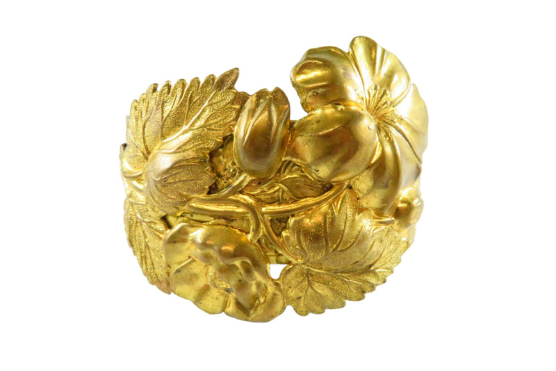 Vintage Oval Bangle Hinged Cuff Bracelet Floral Design Gilt Brass  7 3/8" ID