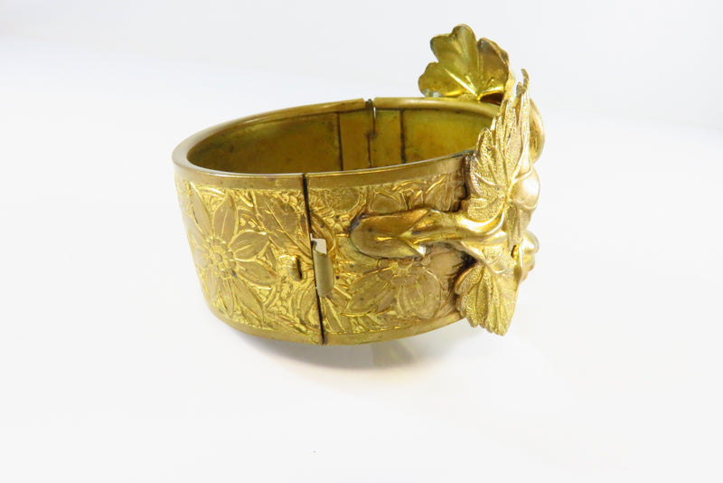 Vintage Oval Bangle Hinged Cuff Bracelet Floral Design Gilt Brass  7 3/8" ID