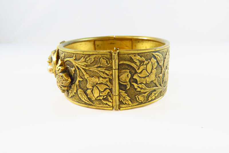 Vintage Oval Hinged Cuff Bracelet Repousse Art Nouveau Design Gilt Brass 1" Wide