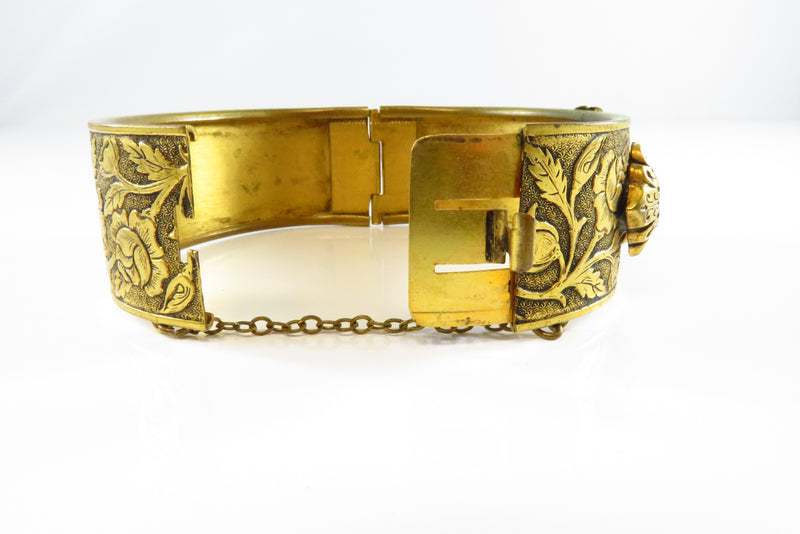 Vintage Oval Hinged Cuff Bracelet Repousse Art Nouveau Design Gilt Brass 1" Wide