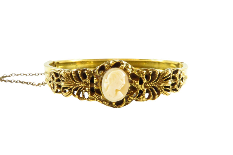 Vintage Oval Cameo Bangle Cuff Bracelet Design Gilt Brass 6 3/4" ID 1/2" Wide