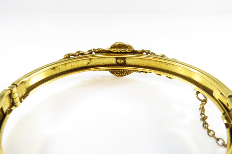 Vintage Oval Cameo Bangle Cuff Bracelet Design Gilt Brass 6 3/4" ID 1/2" Wide