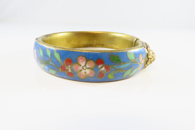 Vintage Double Dragon Chinese Cloisonné Bangle with Floral Design 7 1/4" ID