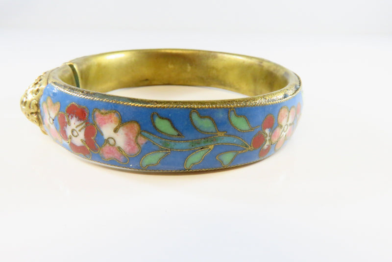 Vintage Double Dragon Chinese Cloisonné Bangle with Floral Design 7 1/4" ID