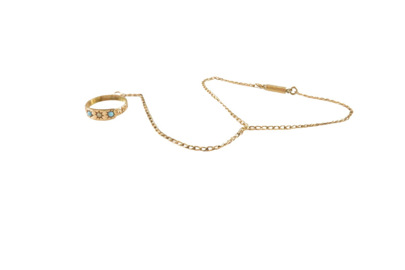 Victorian Child Hand Chain Bracelet with 9K Gold Ring Turquoise & Freshwater Seed Pearl c1900 — 10K, Gold • Pearl, Seed Pearl
