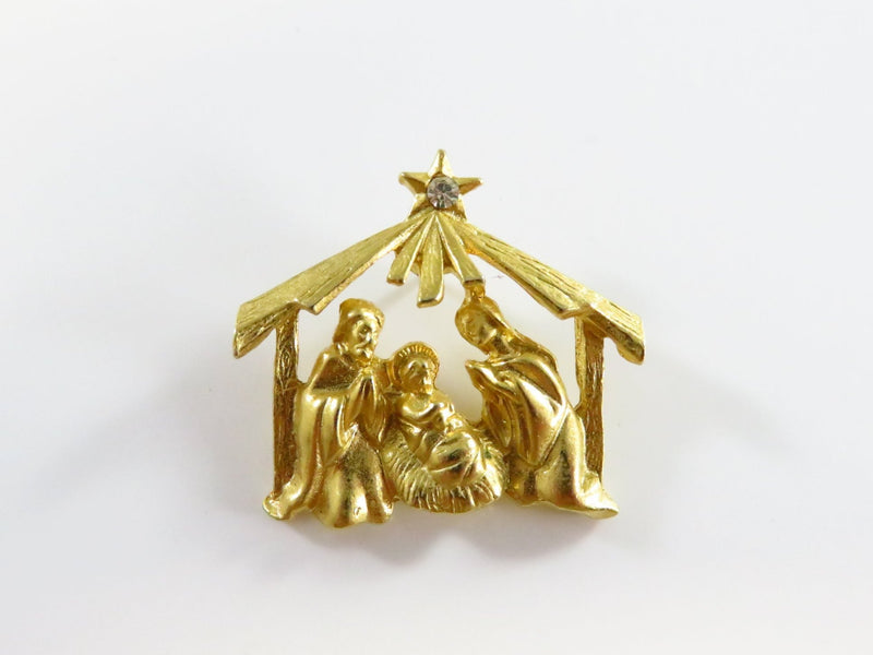 Vintage Manger Scene Gilded Metal Lapel Pinback 1 1/4" x 1 1/8"