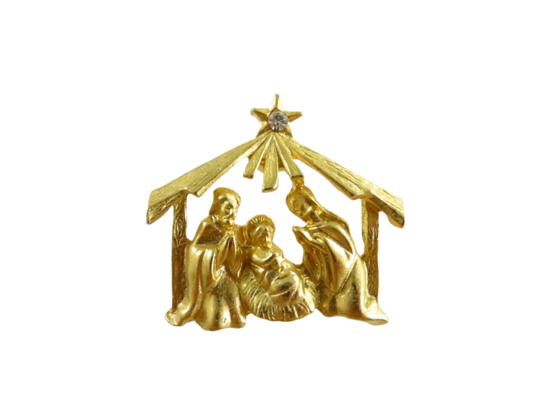 Vintage Manger Scene Gilded Metal Lapel Pinback 1 1/4" x 1 1/8"