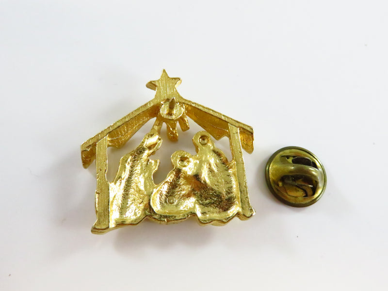 Vintage Manger Scene Gilded Metal Lapel Pinback 1 1/4" x 1 1/8"