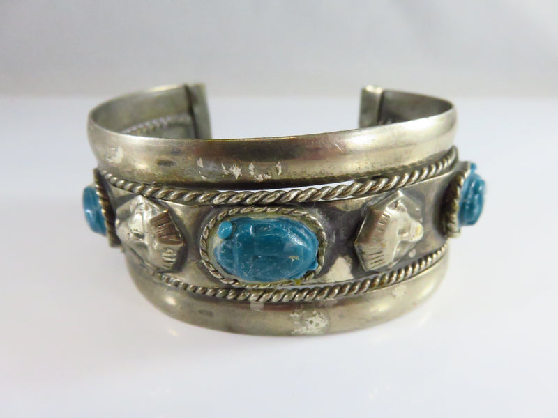 Vintage Egyptian Revival Scarab White Metal Cuff Bracelet 7 1/2"