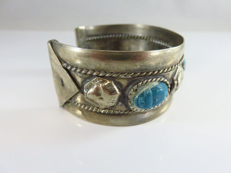 Vintage Egyptian Revival Scarab White Metal Cuff Bracelet 7 1/2"