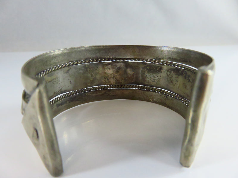 Vintage Egyptian Revival Scarab White Metal Cuff Bracelet 7 1/2"