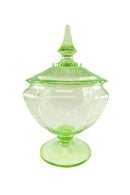 Green Vaseline Uranium Glass Covered Candy Dish Anchor Hockings Princess — front view
