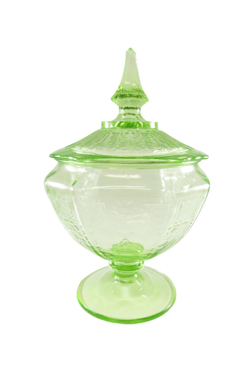 Green Vaseline Uranium Glass Covered Candy Dish Anchor Hockings Princess — front view