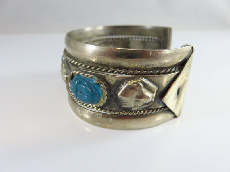 Vintage Egyptian Revival Scarab White Metal Cuff Bracelet 7 1/2"